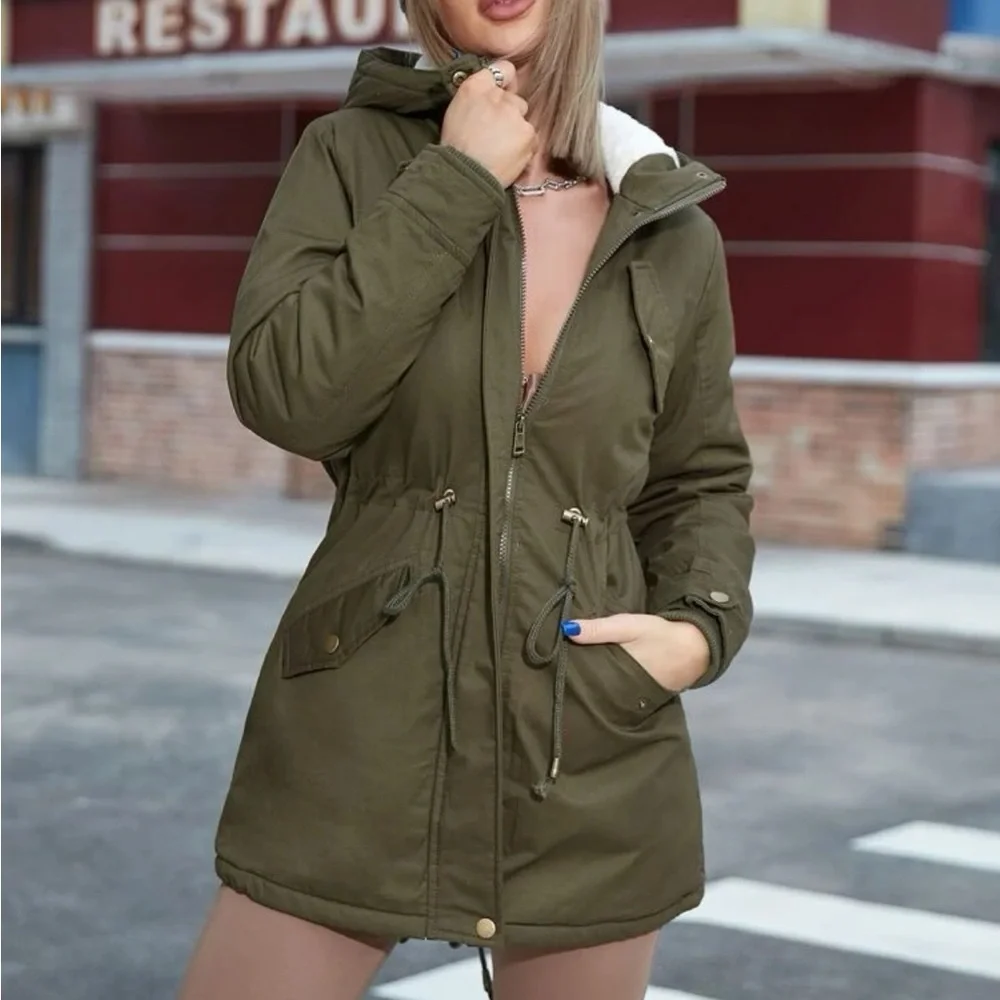 A Fleece Lined Drawstring Waist Hooded Parka Coat - Picture 5 of 8